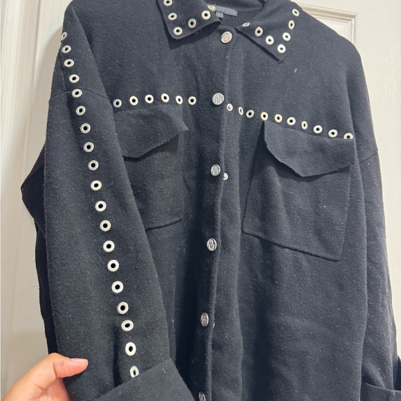 Maje Knit Overshirt with Eyelets Black and Silver Cardigan with Studded Grommets - Picture 8 of 11